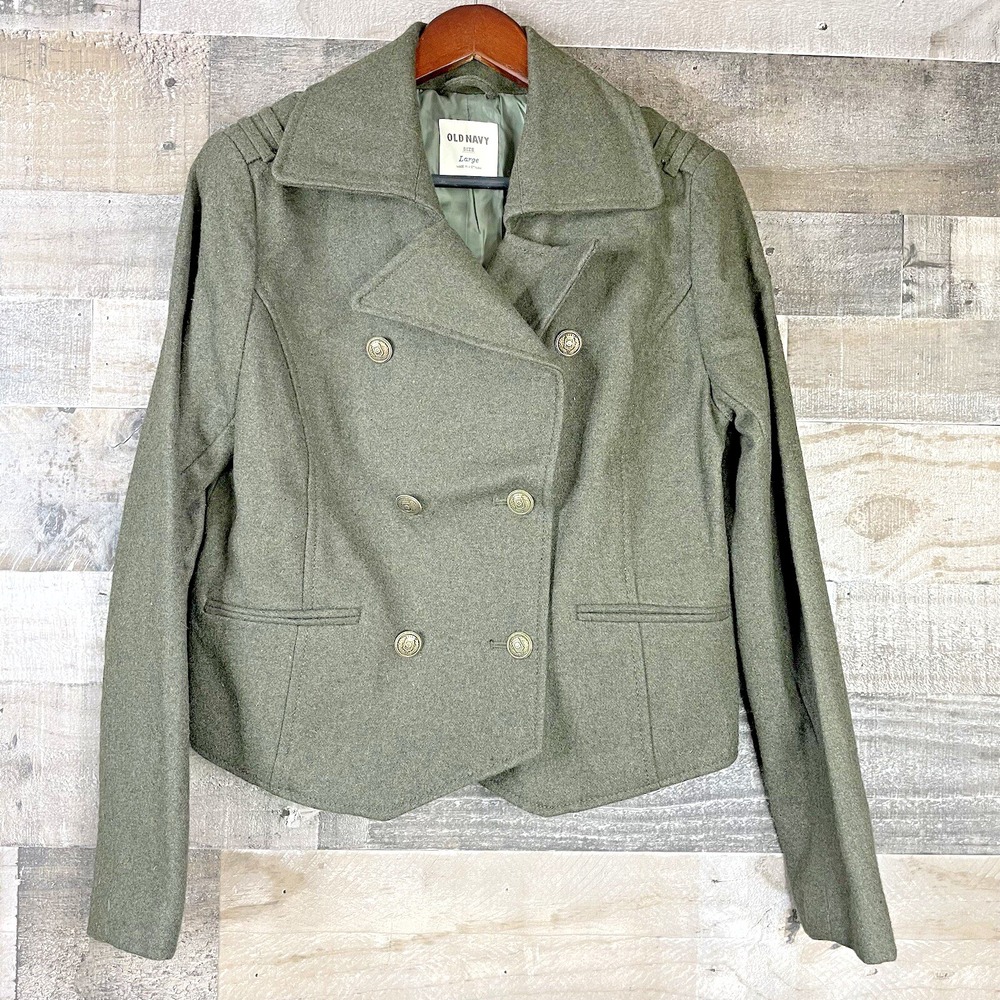 Old Navy Women's Coat Size L Wool Blend Olive Green Double Breasted Wool Blend